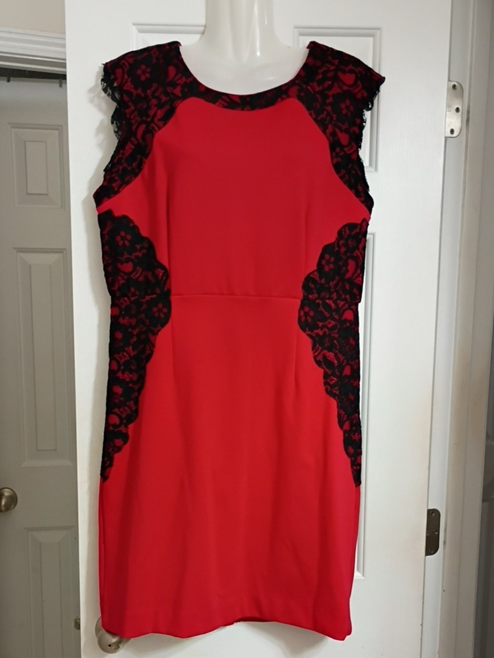 Nicole Miller Red Midi Dress with Black Lace Insets
